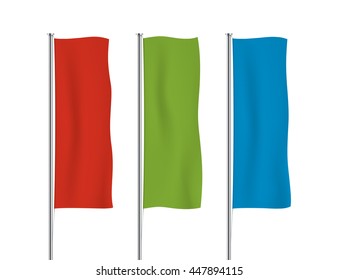 Red, green and blue banner flag vector templates. Row of vertical flags. Advertising flags realistic mockup.
