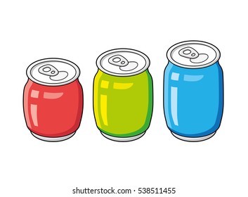 Red, green and blue beer, cola or soda soft drink cans isolated.