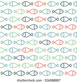 Red, Green and Blue Fish Pattern on White Background - Marine Style Seamless Pattern Background - Vector Illustration