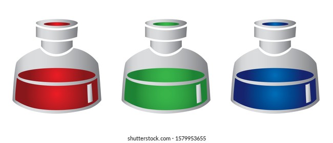 Red, Green, Blue ink bottles isolated on white background.