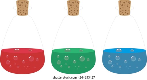 Red, Green and Blue Magic Potions in Tall Glass Bottles Vector