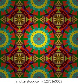 Red, green and blue mandalas. Ceramic tiles pattern. Seamless abstract background. Vector hand drawn art, typical portuguese tiles. Traditional ornate portuguese decorative tiles azulejos.