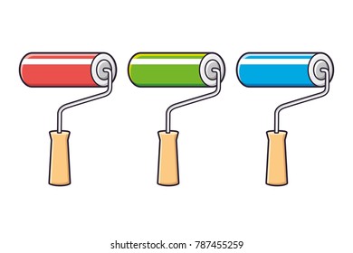 Red, green and blue paint rollers isolated.