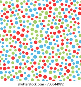 Red, green, blue round dots on white background. Bright seamless pattern for children. Endless vector illustration.