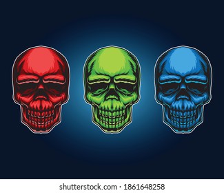 Red, green, blue skull character icon vector illustration