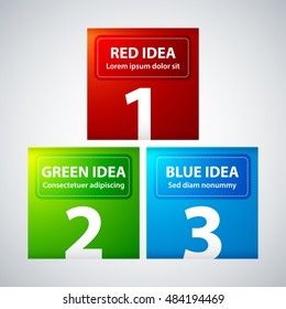 Red, green and blue square banners, arranged in a pyramid.