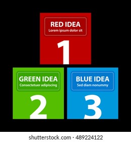 Red, green and blue square banners, arranged in a pyramid.