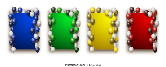 Red green blue and yellow background set with frame from flying colorful balloons, tinsel and confetti, Happy Birthday theme, illustration with cloud flat paper Place for text