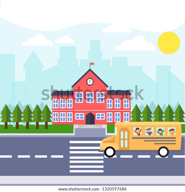 Red green blue yellow grey sky sun city bus kids\
girl boy building tree road Illustration vector Suitable for\
education real estate cloud transportation business knowledge\
university school college