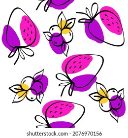 Red and Green Blueberry Vector White Seamless Pattern. Drawing Strawberry Illustration. Color Berry Cartoon Design.