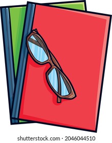 Red and green book with eyeglasses on them in cartoon style