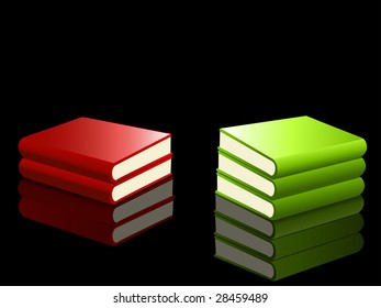 red and green books reflected on a black glossy background