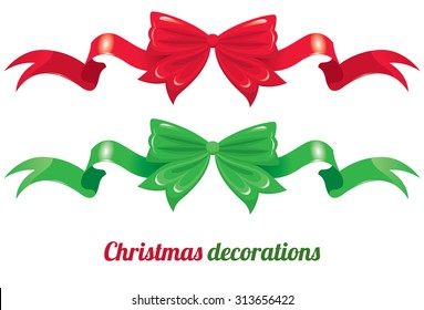 Red and green bows with long ribbons - Christmas decorations - vector illustration