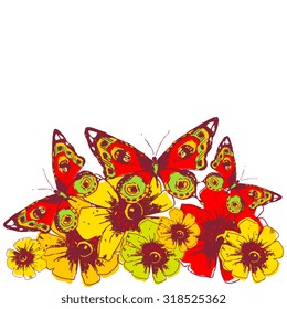 Red green and brown hand drawn butterflies, yellow flowers on white background. Space at top for text.
