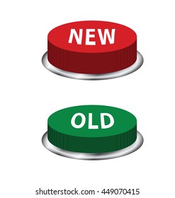 Red and Green button, opposite adjective old and new, vector.