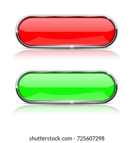 Red and green buttons with chrome frame. 3d shiny icons. Vector illustration isolated on white background