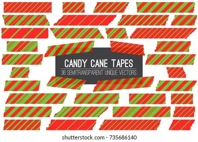 Red Green Candy Cane Washi Tape Stripes Isolated on White. Different Size Striped Masking Tape Pieces with Torn Edges. 36 Unique Semitransparent Vectors. Web or Print Layout Element or Photo Sticker.