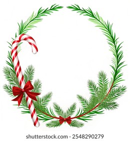 Red and Green Candy Canes and Cypress branches Christmas Frame Template for Card Postcard, Banner Designs. vector illustration with background white.