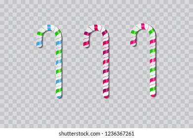 Red and green candy canes on transparent background. Vector.
