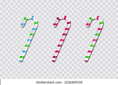Red and green candy canes on transparent background. Multi-colored candy canes. Vector.
