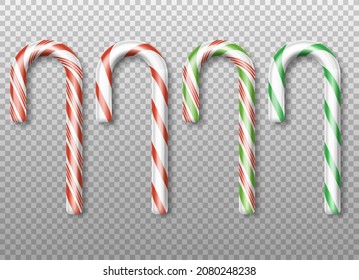 Red and green candy canes on transparent background. Vector illustration. Eps 10.