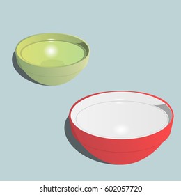 Red and green ceramic oriental realistic bowls.Vector illustration.