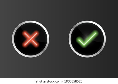 Red and green check mark button neon effect color vector illustration, realistic yes or no button icon.