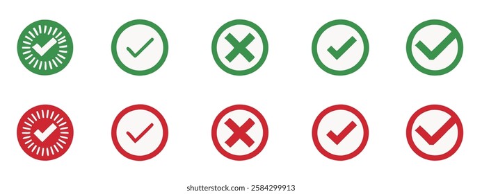 Red and Green Check Mark and Cross Icons Set for Approval, Rejection, Right and Wrong Choices