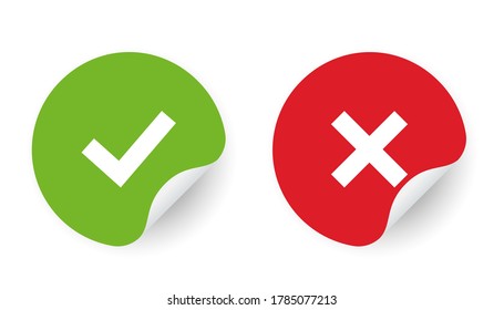 Red and green check mark stickers. Validation icon. Tick and cross signs. Green checkmark and red X isolated icons.