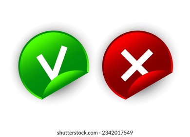 Red and green check mark stickers. Tick and cross signs. Validation icon. Green checkmark and red X. Approved and Rejected sticker. Vector illustration. Eps 10.