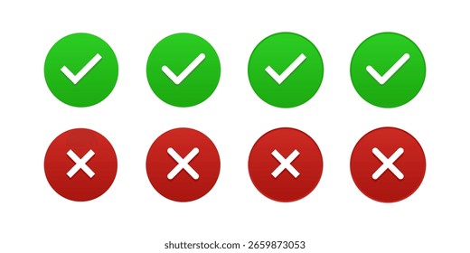 Marcas de seleção vermelhas e verdes, corretas e incorretas.