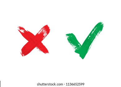 Red and green check marks made of brush strokes isolated on white. Vector check mark icons.
