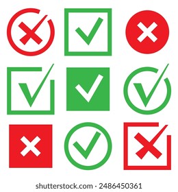 Marcas de verificación rojas y verdes. Símbolos X. Iconos vectoriales. Fondo blanco.