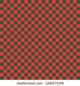 Red and green checkered background. Christmas and new year chess cage. Chess pattern. Chess cage. Traditional chess background. Vector illustration