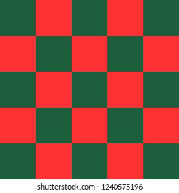 Red and green checkered background. Christmas and new year chess cage. Chess pattern. Chess cage. Traditional chess background. Vector illustration
