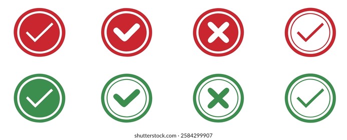 Red and Green Checkmark and Cross Icons Set Isolated on White Background for Positive and Negative Selection