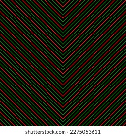 Red and green chevron arrow diagonal lines pattern on black background. Vector illustration for web design or print for fabric, packaging, scrapbook, wallpaper. Wall and floor ceramic tiles pattern.