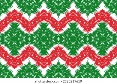 Red and Green Chevron Ikat Pattern: Vibrant Seamless Design for Trendy Fashion Apparel, Holiday-Inspired Home Decor, and Ethnic-Inspired Interiors