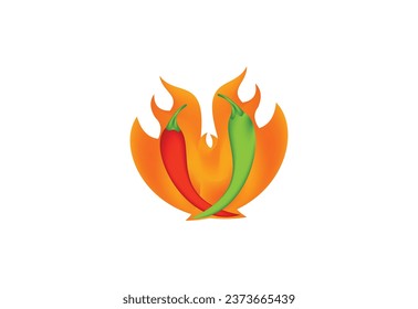 Red green chili with fire flame isolated on transparent background cutout .