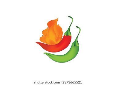 Red green chili with fire flame isolated on transparent background cutout .