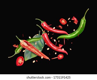 Red and Green chili pepper with chili splashing elements isolated on solid color background. Vector realistic in 3D illustration.