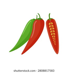 Red and green chili peppers side by side