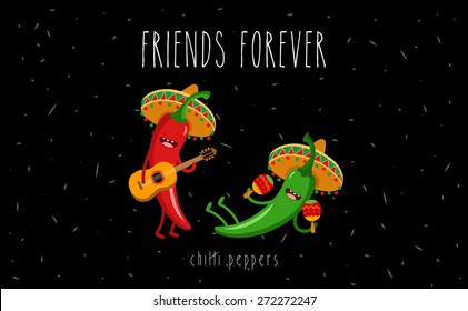 Red and green chili peppers in a sombrero. Vector cartoon. Friends forever. Comic characters. You can use in the menu, in the shop, in the bar, the card or stickers. Easy to edit.