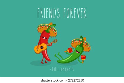 Red and green chili peppers in a sombrero. Vector cartoon. Friends forever. Comic characters. You can use in the menu, in the shop, in the bar, the card or stickers. Easy to edit.