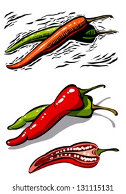 Red and green chili in woodcut style line art