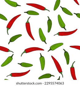 Pimienta de chile roja y verde sin costuras. Ilustración del vector de dibujo manual