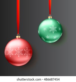 Red and green christmas balls on dark background. Realistic vector bright balls with snowflakes and red ribbon, editable eps 10