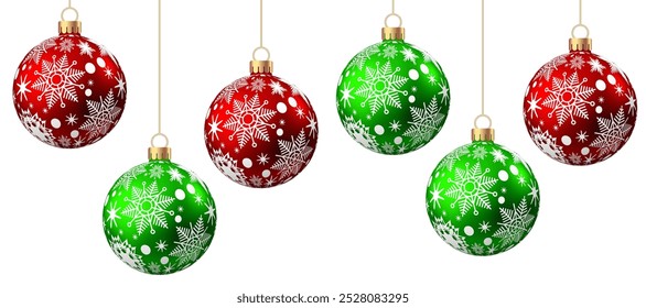 Bolas rojas, verdes de la Navidad con el modelo aislado en el fondo blanco. Decoración del árbol de Navidad con adorno. Conjunto de chucherías de Vector.