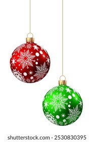 Red, green  Christmas  balls  with pattern  isolated on white background. Xmas  tree decoration with ornament. Vector bauble set.