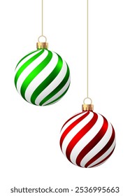Bolas rojas, verdes de la Navidad con el modelo aislado en el fondo blanco. Decoración del árbol de Navidad con adorno. Conjunto de chucherías de Vector.

